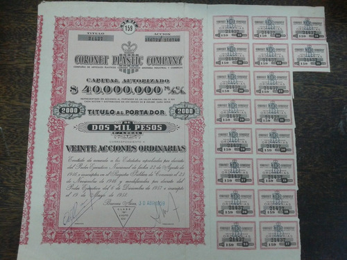 Imagen 1 de 3 de 20 Acciones Coronet Plastic Company 1959 * Serie 159 *