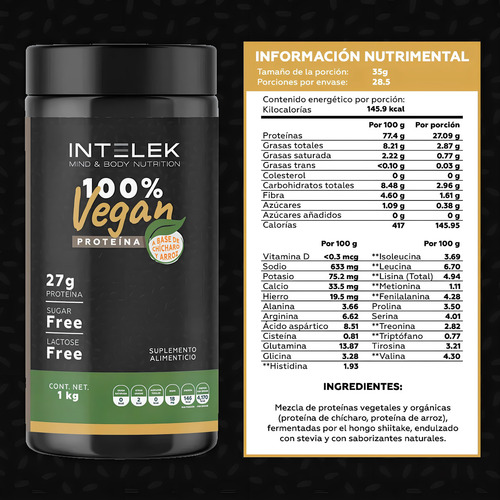 Proteína 100% Vegan Matcha Orgánica 1 Kg Intelek