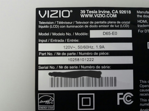 Main Vizio Modelo: D65-e0 N/p: 0171-2272-6653
