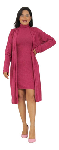 Conjunto Feminino Cardigan Longo E Vestido Inverno Elegante 