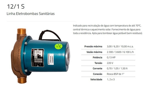 Bomba Circuladora Mono Sanitária Rowa 12/1s 0,13cv 220v Nova