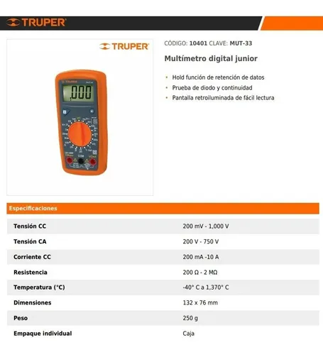 Multimetro Digital Prof. 750 V - Truper 10401