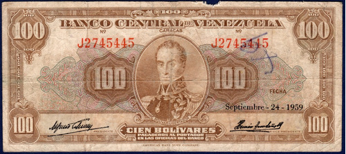 Billete 100 Bolívares J7 Septiembre 24 1959 Simón Bolívar