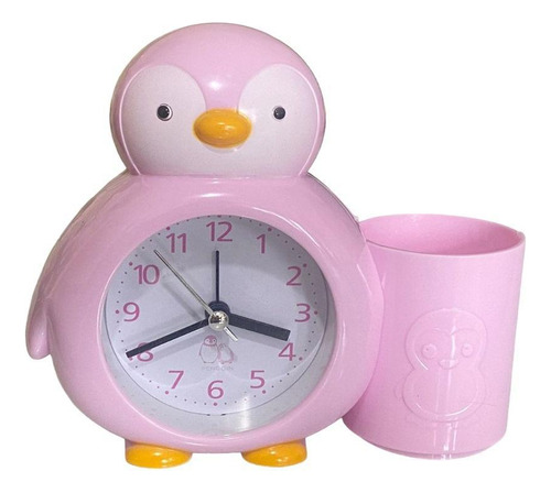 Relógio Analógico Mesa Com Porta Objetos Pinguim Rosa