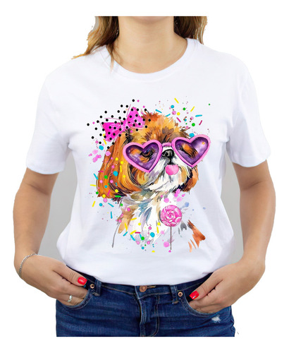 Polera Estampada Dama 100%algodón Perrito Shihtzu Lentes 596