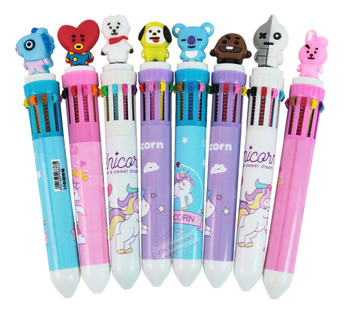 Set 8 Plumas Bts-bt21 Retractil Kawaii 10 Colores Cute R23s