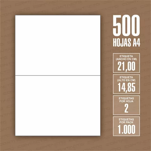 Hojas blancas adhesivas A4. Medida etiqueta 210 x 148,5 mm