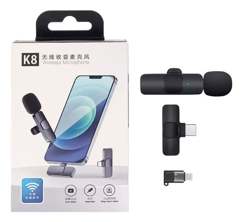 Micrófono Inalambrico K8 Tipo C + Adaptador Lighting Aifon Negro