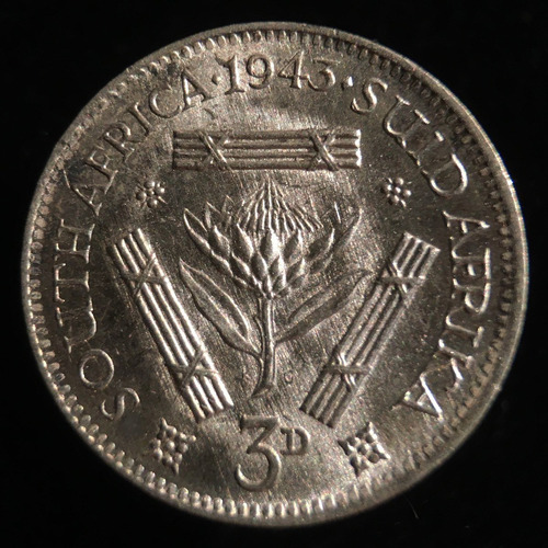 Sudafrica, 3 Pence, 1943. Plata. Il Guerra. Sin Circular