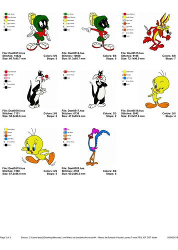 Matriz De Bordado Pacote Looney Tunes Pes Jef Dst