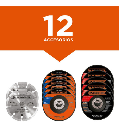 Esmeriladora 4-1/2 820w + Accesorios Black+decker G720k12 Naranja 60 Hz