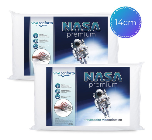 Kit 2 Travesseiros Nasa Visco Perfil Alto 14cm Antialérgico