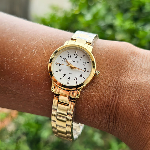 Kit Relogio Lince Pequeno Dourado Feminino Colar e Brincos Lrgh186l25 B2kx