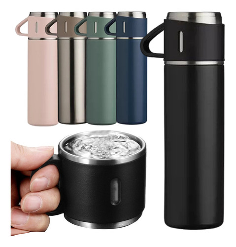 Garrafa Termica Com Tampa E 2 Caneca Inox Cor Preto