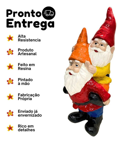 Anão Gnomo Duplo Grande Enfeite De Jardim Área Externa Amarelo E Vermelho