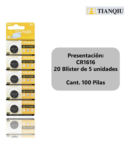 100 Pilas Boton Cr1616 Tianqiu Blister 5 Litio Distribuidor