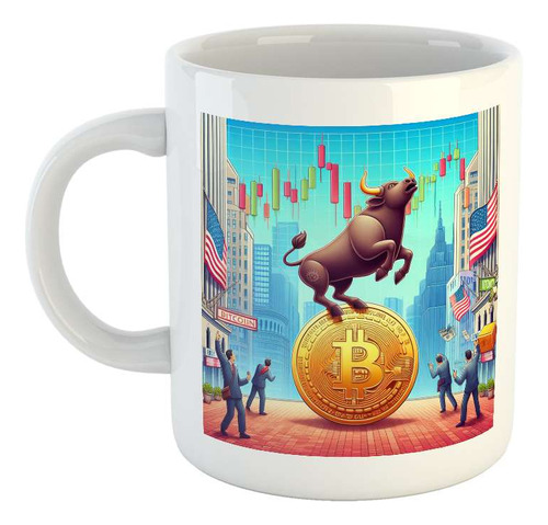Taza Ceramica Toro Bitcoin Saltando Sobre Moneda Trade