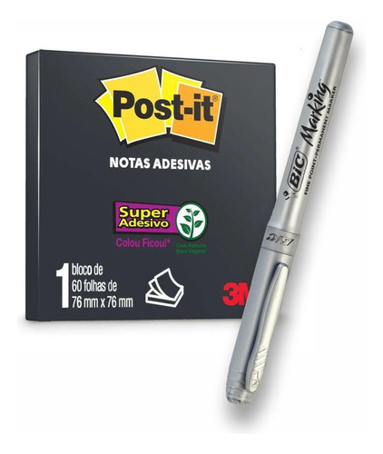 Post-it Preto + Caneta Prata