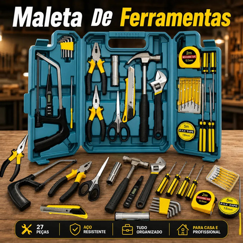 Kit Maleta Jogo Ferramentas 27 Peças Residencial Completa Conserto Oficina Manutenção Chave Inglesa, Estilete, Chaves Allen, Fenda E Phillips, Lanterna, Martelo, Serra, Tesoura, Trena, Fita Isolante