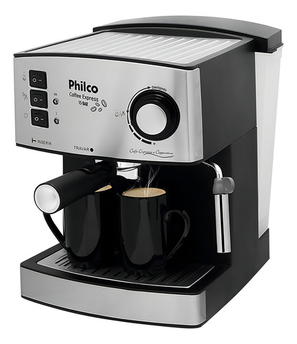 Cafetera Philco Coffee Express con filtro permanente de 15 bares, color negro y plateado,