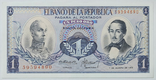 Billete 1 Peso 07/ago/1973 Colombia Unc 7 Corto
