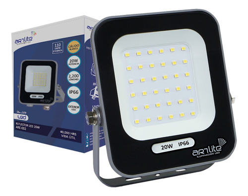 Reflector Led Lampara Luminario Blanco Cálido 20w Artlite Negro Blanco Cálido