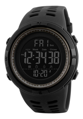 Relógio de pulso Skmei 1251 com corpo preto,  digital, para masculino, fundo  preto, com correia de poliuretano cor preto, subdials de cor cinza, ponteiro de minutos/segundos branco e marrom, bisel cor preto, luz verde e fivela dupla