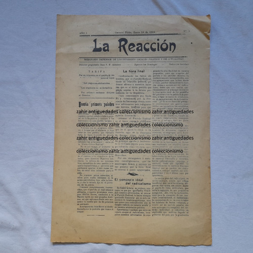 Antiguo Diario La Reaccion Nº1, 1916, General Piran