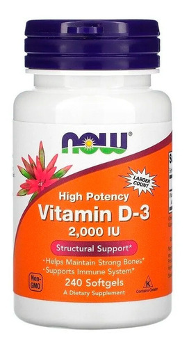 Suplemento en cápsulas blandas NOW  Bone & Immune Health Vitamin D-3 2000 IU vitamina d3 en pote 240 un