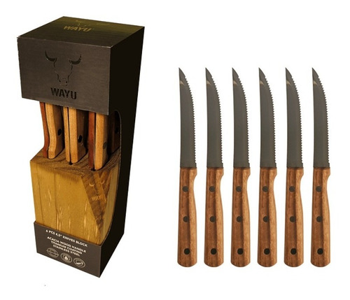 Set De 6 Cuchillos Premium Wayu + Base Madera Cocina Asado 