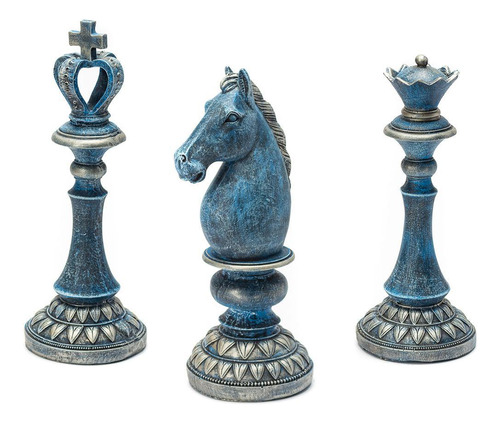 Peças Xadrez Decorativas Resina Azul - Rei, Rainha, Cavalo