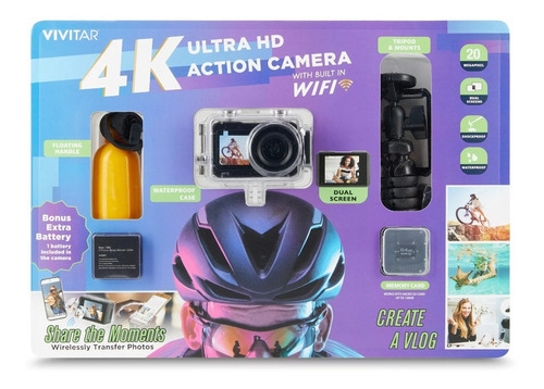 Kit Camara Accion Vivitar 4k 20mpx Con Accesorios Wifi Color Negro