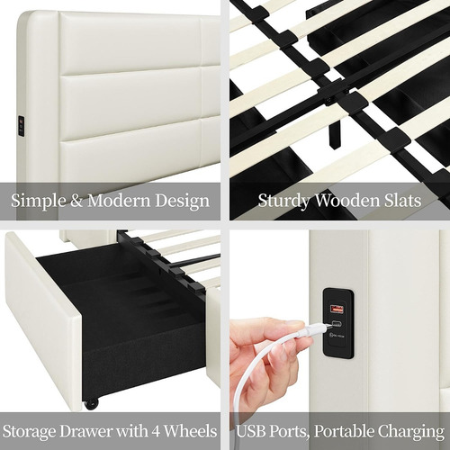 Base Cama Matrimonial Moderno C/ Cabecera Hogar Usb Crema