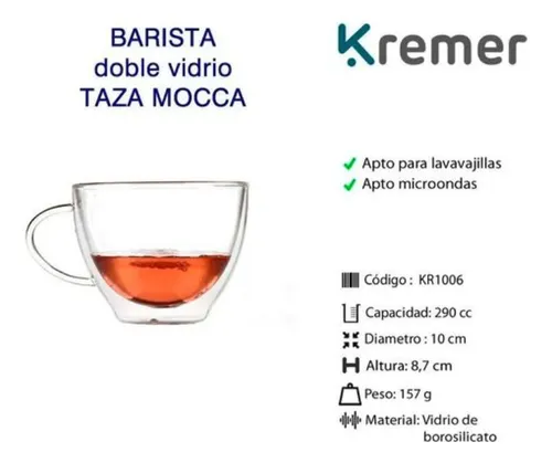 Taza De Vidrio Mocca Cafe Barista Doble Vidrio X2 Und Kremer