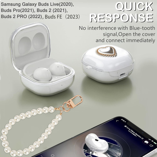 USDILU Funda Case Para Samsung Galaxy Buds Fe / 2/ live / 2 Pro Con Pulsera Joyería Uso Carcasa Silicona Mujer Niñas Color Transparente Con Llavero Soporte Cover Espesamiento
