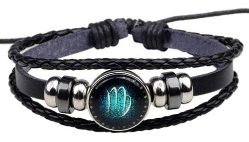 Conjunto Pulsera Brazalete Virgo Zodiaco Cuero 3 En 1