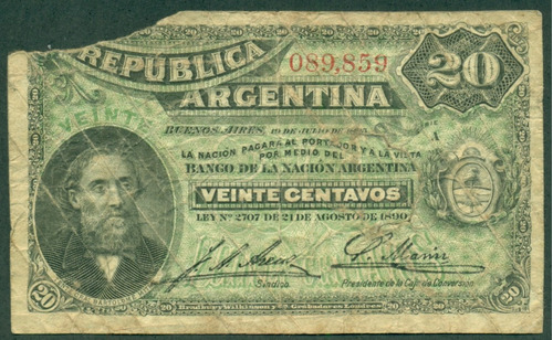 Argentina Billete Fracc. Caja Conv 20 Centavos 1895 Col#050a