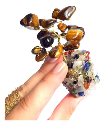 Árvore Da Felicidade Pedra Natural Cristal Olho De Tigre 9cm