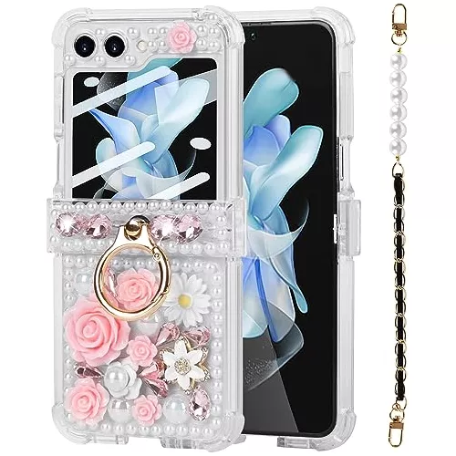 Funda para Samsung Galaxy Z Flip 4 para mujeres y niñas con correa, funda  para Galaxy Flip 4, diseño de diamantes de imitación de cristal, 3D, bonita