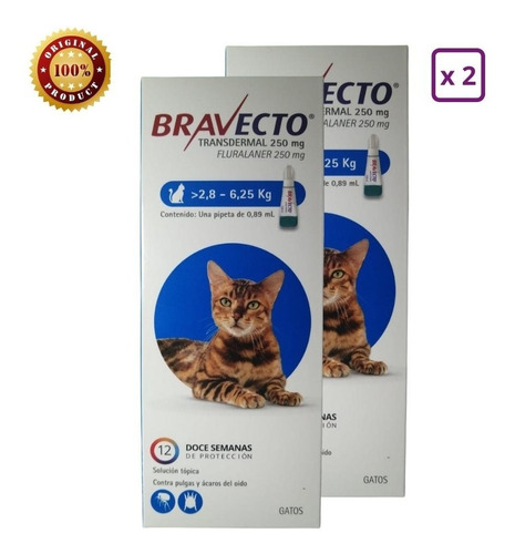 Bravecto Gato 2,8 - 6,25 Kg Anti Pulgas Y Ácaros (2 Pipetas)
