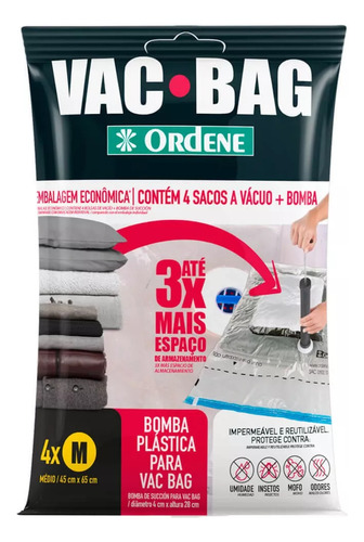 Kit Saco À Vácuo Armazenagem Vac Bag 4 Médios E Brinde Bomba