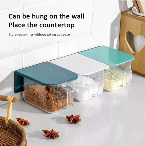 Contenedor Hermetico De Cocina Para Pared Mesada + Cuchara Azul Acero
