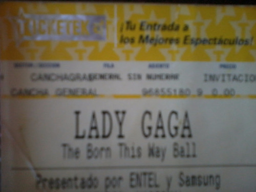 Entrada Ticket Lady Gaga - Born This Way Ball - Nov -2012