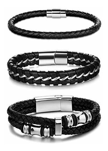 Jstyle 3pcs Pulsera De Cuero Trenzado De Acero Inoxidable Pa