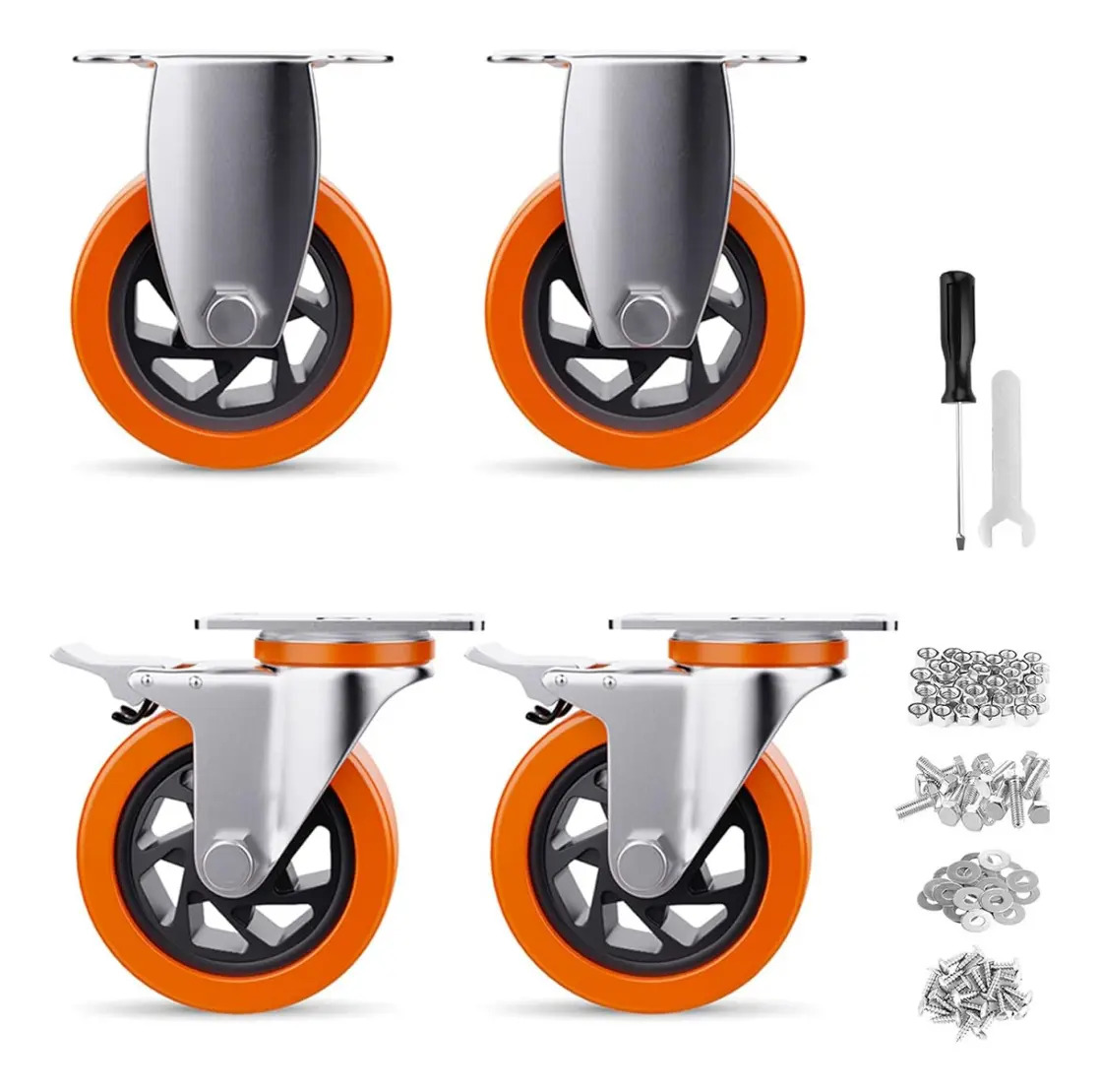 4 Ruedas De Poliuretano Giratorias C Rueda para carritos y muebles Ruedas 4 Pulgadas+ Freno color naranja de espesor pack x 4 unidades