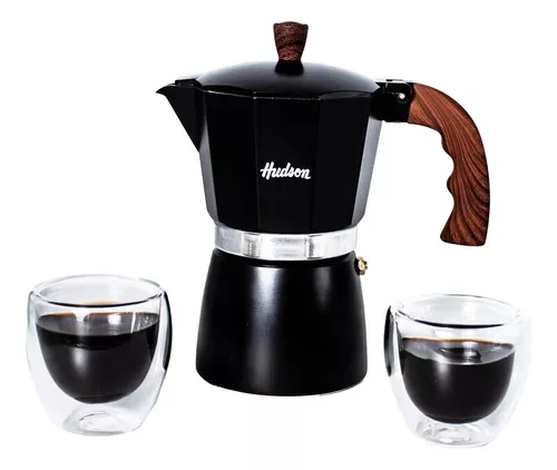 Cafetera Italiana Hudson Negra 6 Tazas + 2 Pocillo De Vidrio