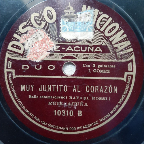 Pasta Ruiz Acuña Duo Disco Nacional Odeon 10310 C52