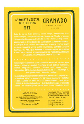 Imagem 4 de 4 de Sabonete Em Barra Granado Mel Glicerina Vegetal De 90 G