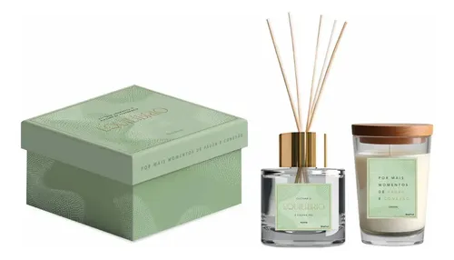 Conjunto Vela Aromática Com Difusor Perfumada Fragrâncias Verde-claro Equilíbrio Lavanda E Baunilha