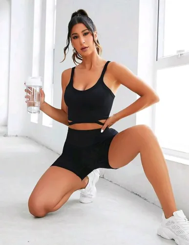 Conjunto Deportivo Biker + Crop Top Push Up- Negro Ref 5170